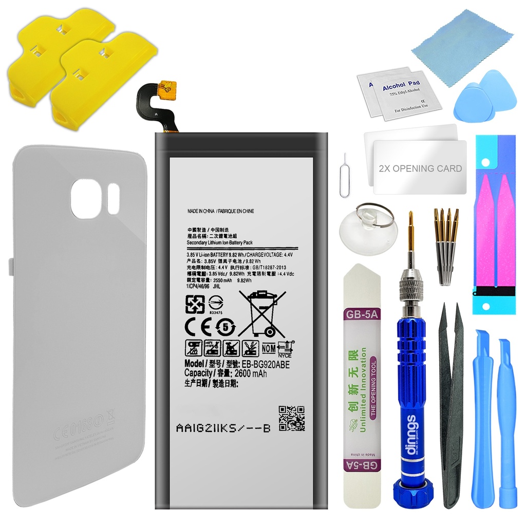 [DNG-0-2133] Ersatzakku Akku für Samsung Galaxy S6 SM-G920F EB-BG920ABE + Akkudeckel Weiß White + Werkzeug Set / Umbau Kit